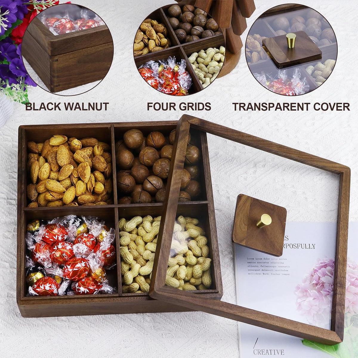 Koqye 4-Compartment Snack Tray with Lid - North American Walnut Serving Platter for Dry Fruits/Nuts/Candy, Multi-Purpose Party Food Storage Container