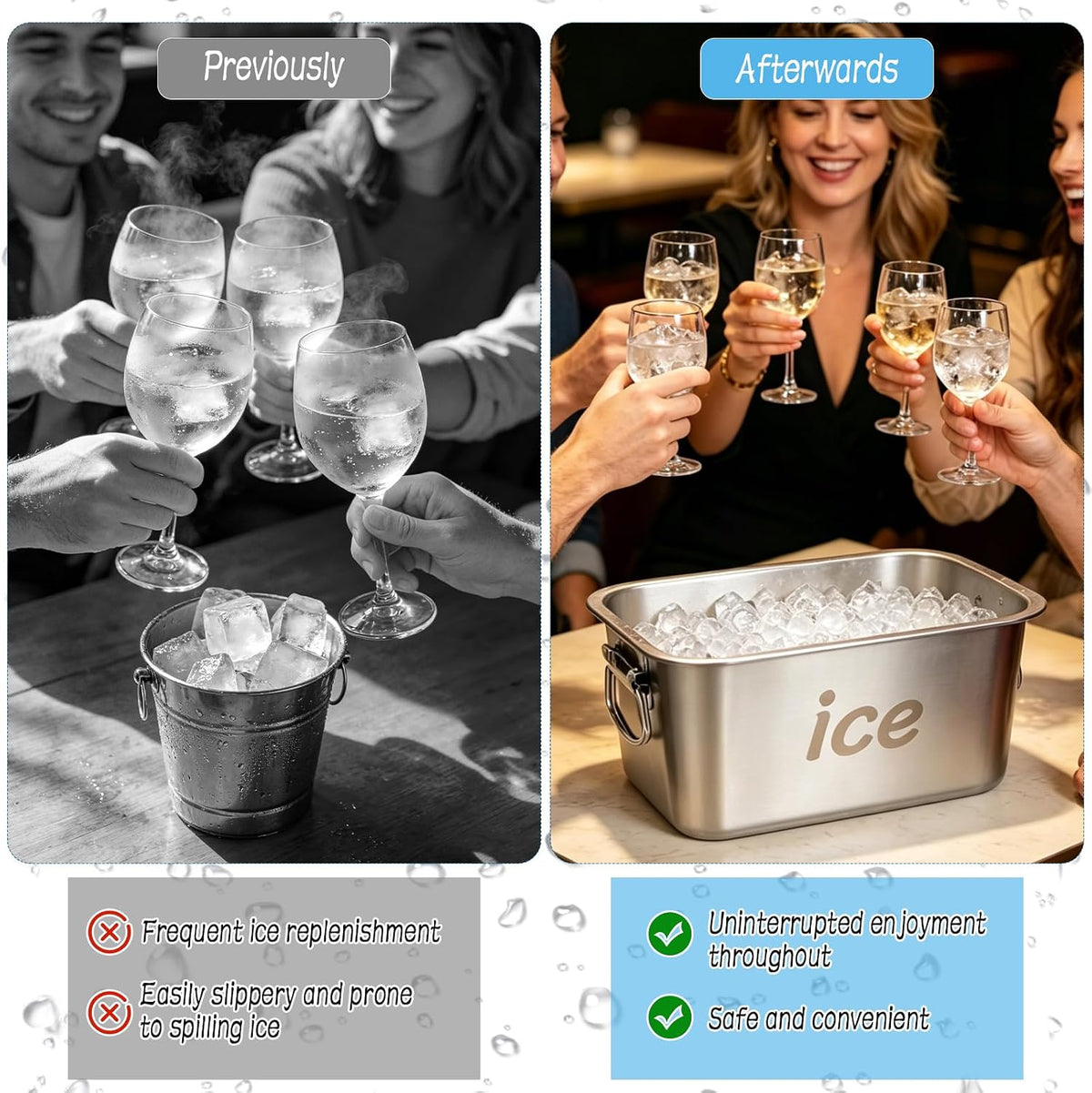 Strainless Steel Beverage Tub, Ice Buckets for Parties with Handle, Beer Ice Bucket Drink Cooler, Metal Wine Beer Champagne Bucket Drink Chiller, Rectangular Ice Storage Tub Ice Cube Bin for Freezer
