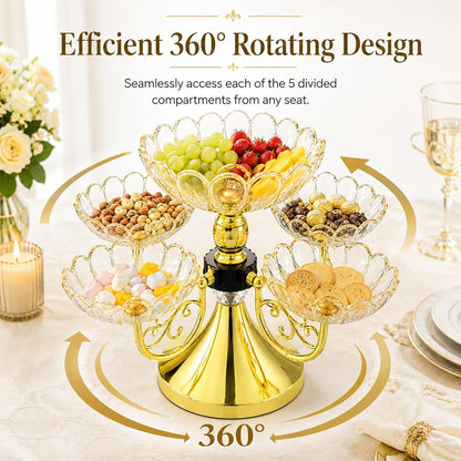 Rotating Snack Serving Tray with 5 Petal-Shaped Bowls, Luxury Divided Serving Dishes for Candy, Dried Fruit Plate for Living Room, Party, Table Decoration