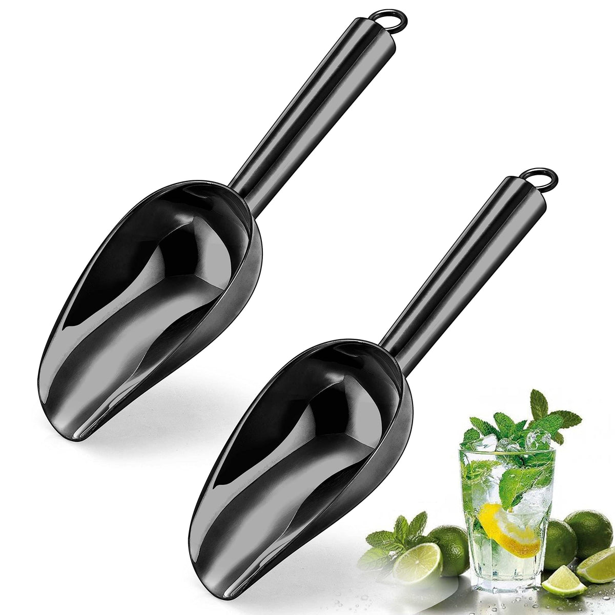 Herogo 3oz Mini ice Scoop Set of 2, Small Stainless Steel Scooper for Candy/Flour/Bean/Pet Food/ Ice Cube, Metal Utility Scoops for Kitchen Bar Party Wedding, Dishwasher Safe & Heavy Duty