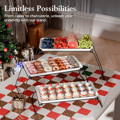 Bumusty Large 3-Tier Melamine Serving Tray Set, 17 x 8.7 in, Black Stand