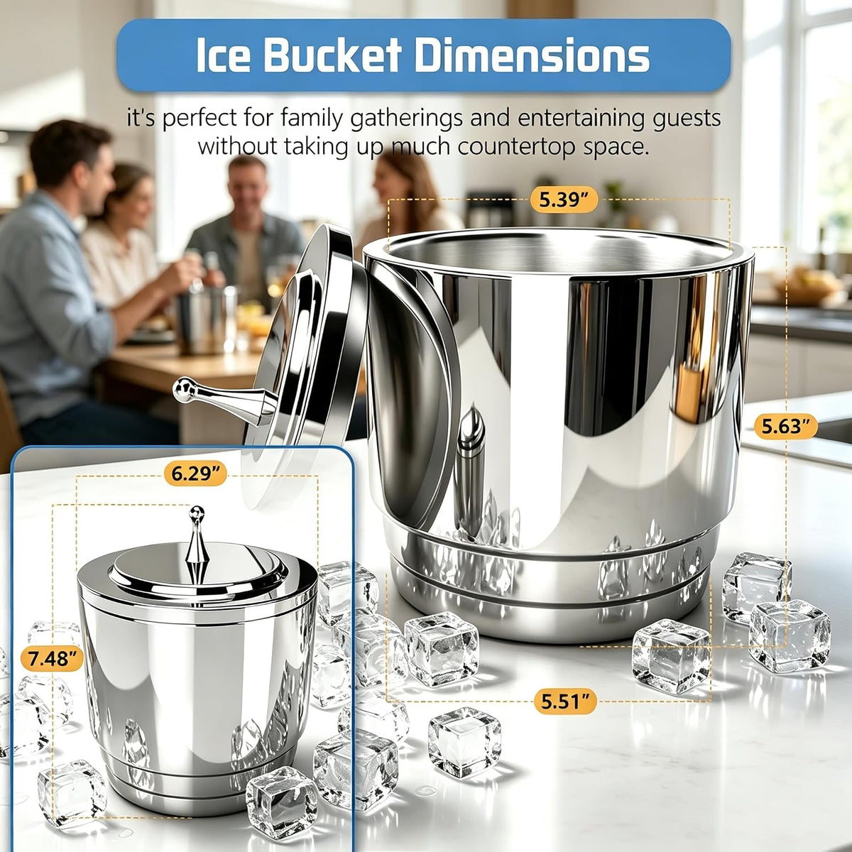 2L Double Wall 304 Stainless Steel Ice Bucket, Insulated Keep Ice Cold 8-10H For Wine Champagne