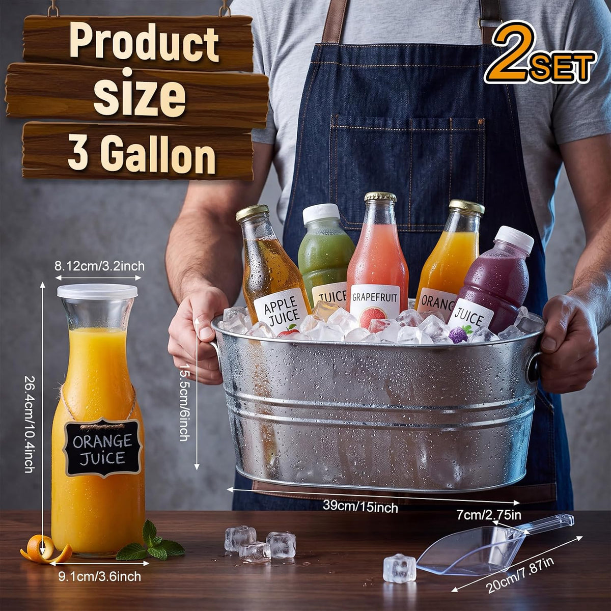 Rtteri 2 Set Galvanized Tub Ice Bucket for Parties Large Metal Drink Bucket