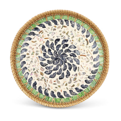 11.8" Decorative Round Rattan Tray with Mother of Pearl, Hand-Woven Wicker Serving Tray, Boho Rattan Basket Platter for Fruit Bread Coffee Counter Dessert Kitchen