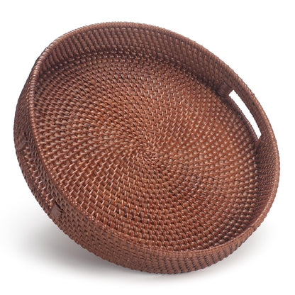 YANGQIHOME Rattan Round Serving Tray, Decorative Coffee Table Tray, Hand Woven Serving Basket with Handles, Ottoman Wicker Fruit/Bread Serving Basket, 13.8 inch