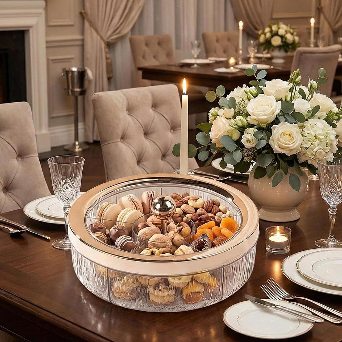 Rotating Divided Serving Tray with Lid, 6-Compartment Candy and Snack Platter, Rose Gold, for Wedding Party and Home Entertaining