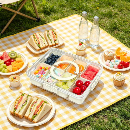 HRXFOZ Divided Serving Tray with Lid and Handle, 8 Compartment Snack Box, Portable Snack Platter for Fruits, Veggies, Nuts, Party Entertaining, Picnic (2 PCS)