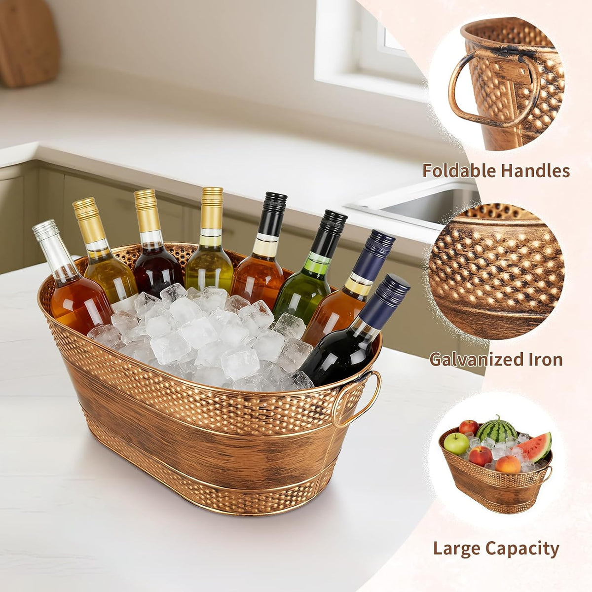 1 Pack 4 Gallon Galvanized Ice Bucket, Large Galvanized Beverage Tub Ice Bucket for Parties, Thick Metal Beverage Buckets with Handles, Oval Drink Buckets for Parties Indoor or Outdoor (Copper)