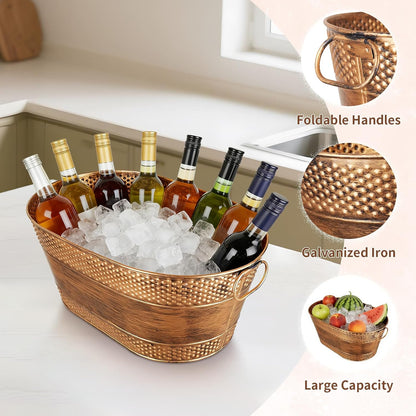 1 Pack 4 Gallon Galvanized Ice Bucket, Large Galvanized Beverage Tub Ice Bucket for Parties, Thick Metal Beverage Buckets with Handles, Oval Drink Buckets for Parties Indoor or Outdoor (Copper)