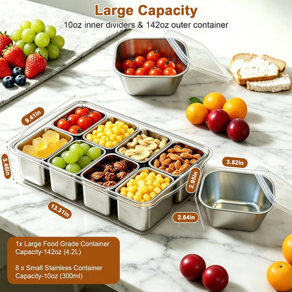 Stainless Steel Snackle Box Container, Dishwasher Safe Snack Box with 8 Removable Compartments, 142oz Large Capacity Divided Serving Tray with Lid and Locking Clips for Fruit Snacks Nut Picnic Travel