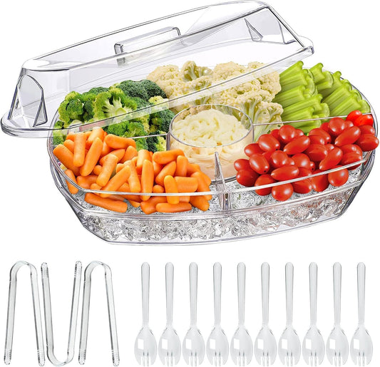 LIMOEASY Chilled Veggie Tray, 15 Inch Clear Party Platter with 4 Compartments, Ice Serving Bowl with Lid, Cold Food Buffet Server for Fruit, Vegetable, Appetizer, Shrimp