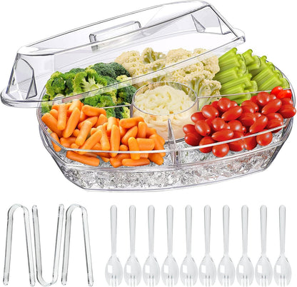 LIMOEASY Chilled Veggie Tray, 15 Inch Clear Party Platter with 4 Compartments, Ice Serving Bowl with Lid, Cold Food Buffet Server for Fruit, Vegetable, Appetizer, Shrimp