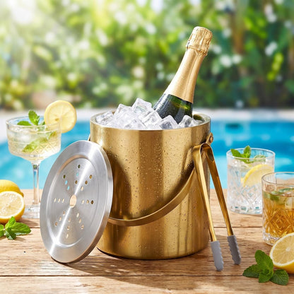 3L Gold Ice Bucket with Lid & Tong, Double Wall Wine Chiller