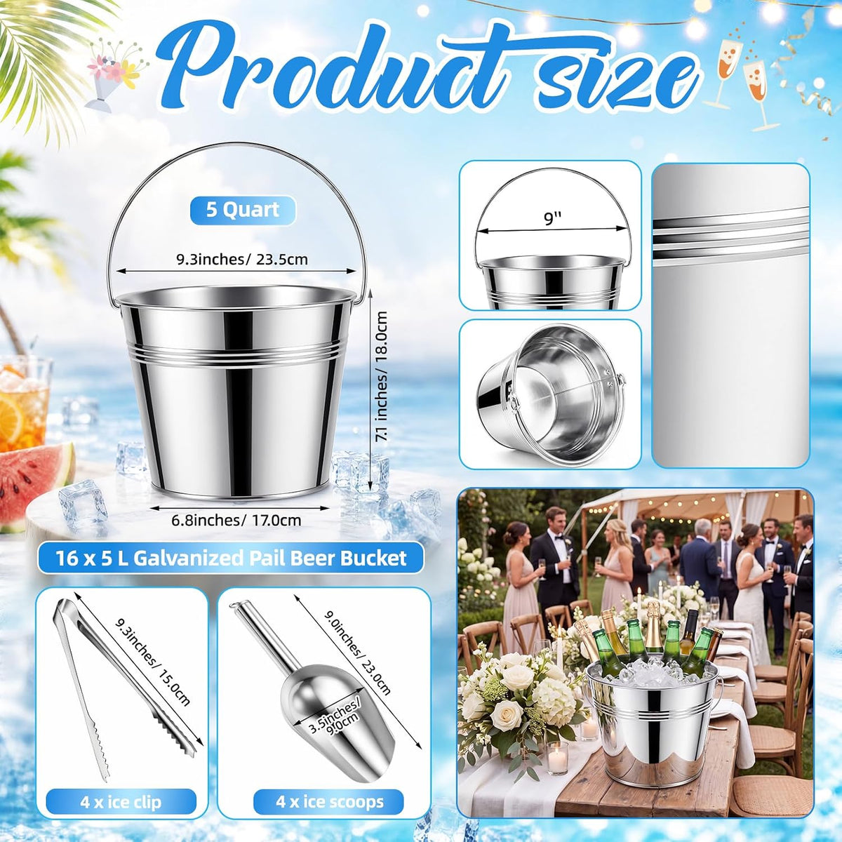 Zopeal 24 Pcs Galvanized Beer Buckets with Scoops Tongs, Retro
