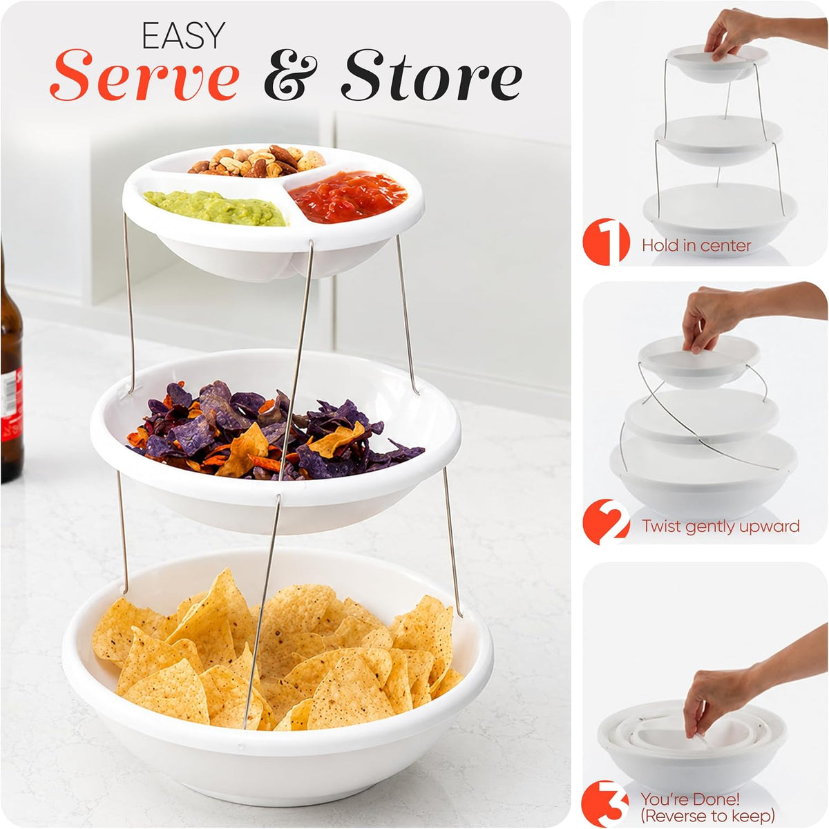 3 Tier Serving Tray Collapsible Bowl for Party, Fruit Snack Folds Flat