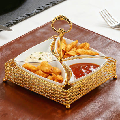 Appetizer Serving Tray,4-Compartment Divided Serving Tray,Ceramic Relish Tray,Chip and Dip Serving Set with Stand,Modern Glam Snack Platter for Appetizers, Fruits, Nuts, Candy, Party Entertaining