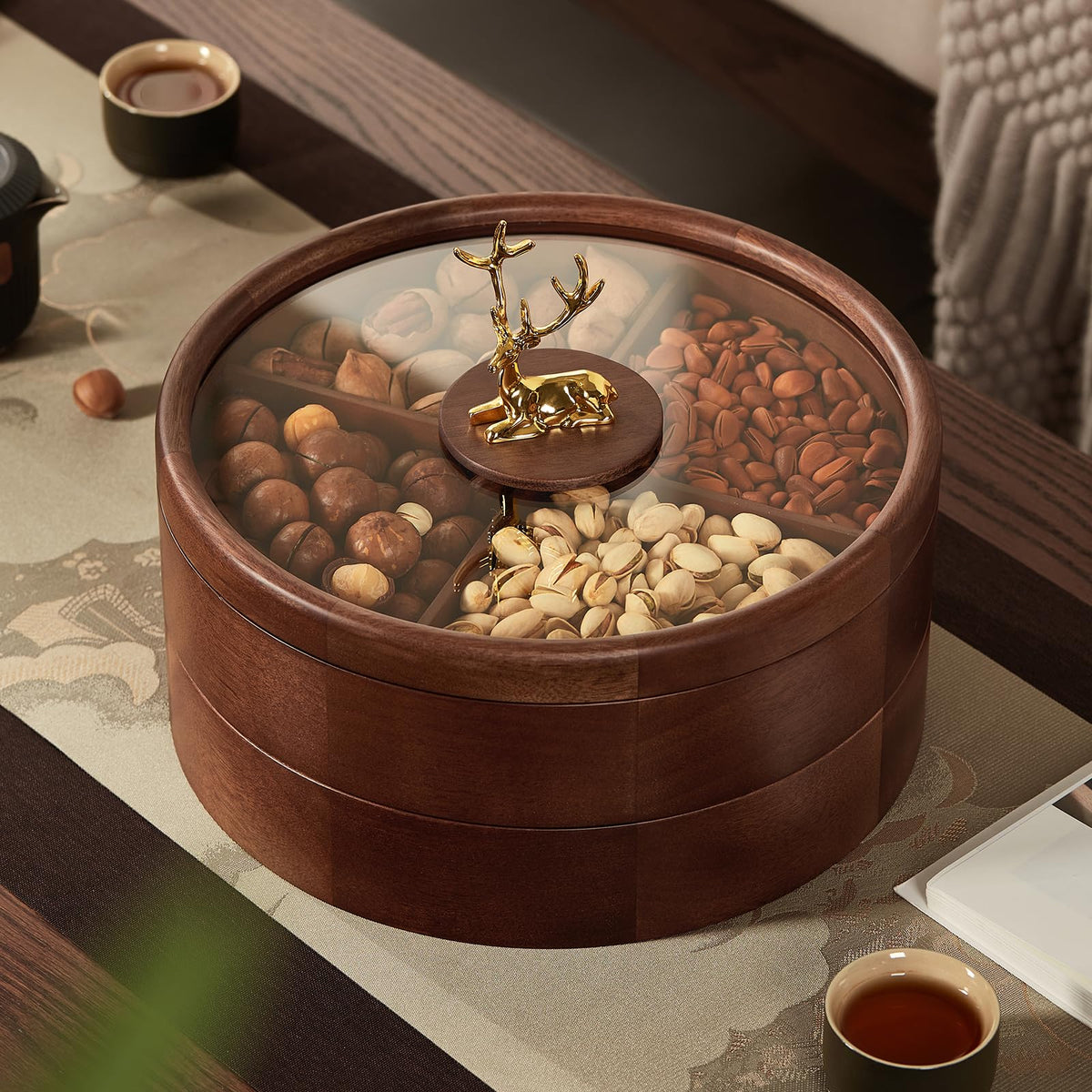 12" Wooden Serving Tray with Lid, 360° Rotating Snack Tray