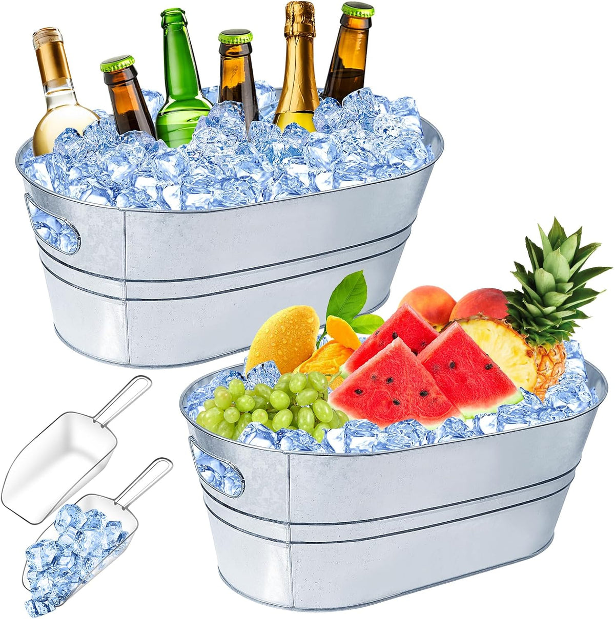 3 Gallon Ice Buckets for Parties, IKAYAS Galvanized Metal Ice Bucket Ice Tub with Scoop for Cocktail Bar Mimosa Bar Supplies, Large Champagne Bucket Beer bucket Metal Tub (2 Pack)