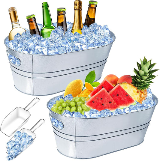 3 Gallon Ice Buckets for Parties, IKAYAS Galvanized Metal Ice Bucket Ice Tub with Scoop for Cocktail Bar Mimosa Bar Supplies, Large Champagne Bucket Beer bucket Metal Tub (2 Pack)