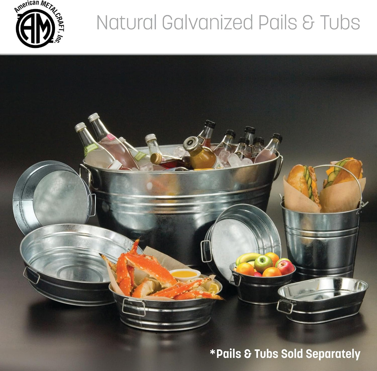 American Metalcraft PTUB87 Natural Galvanized Steel Pail with Handle, 1.16-Gallon, 8" Diameter, Silver