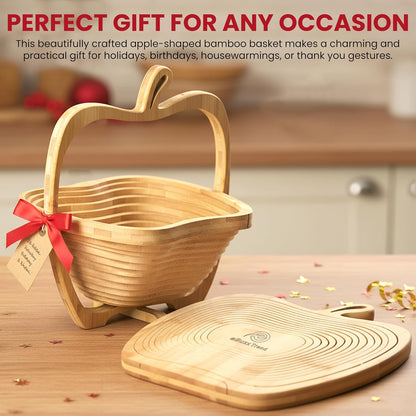 Apple Shaped Foldable Bamboo Dried Fruits Basket & Tray – Collapsible Wooden Fruit Bowl Holder for Kitchen Table & Holiday Decor