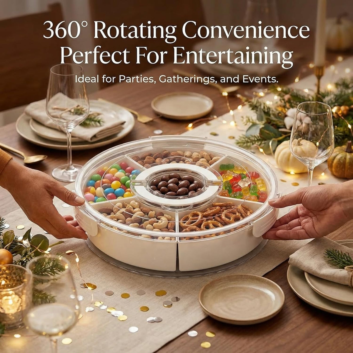 Snackle Box Container with Lid and Handle, 6-Compartment 360° Rotating Snack Tray, Portable Divided Serving Tray for Fruits Candy Nuts, Party Travel Home, 6 Compartments