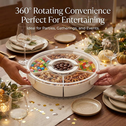 Snackle Box Container with Lid and Handle, 6-Compartment 360° Rotating Snack Tray, Portable Divided Serving Tray for Fruits Candy Nuts, Party Travel Home, 6 Compartments