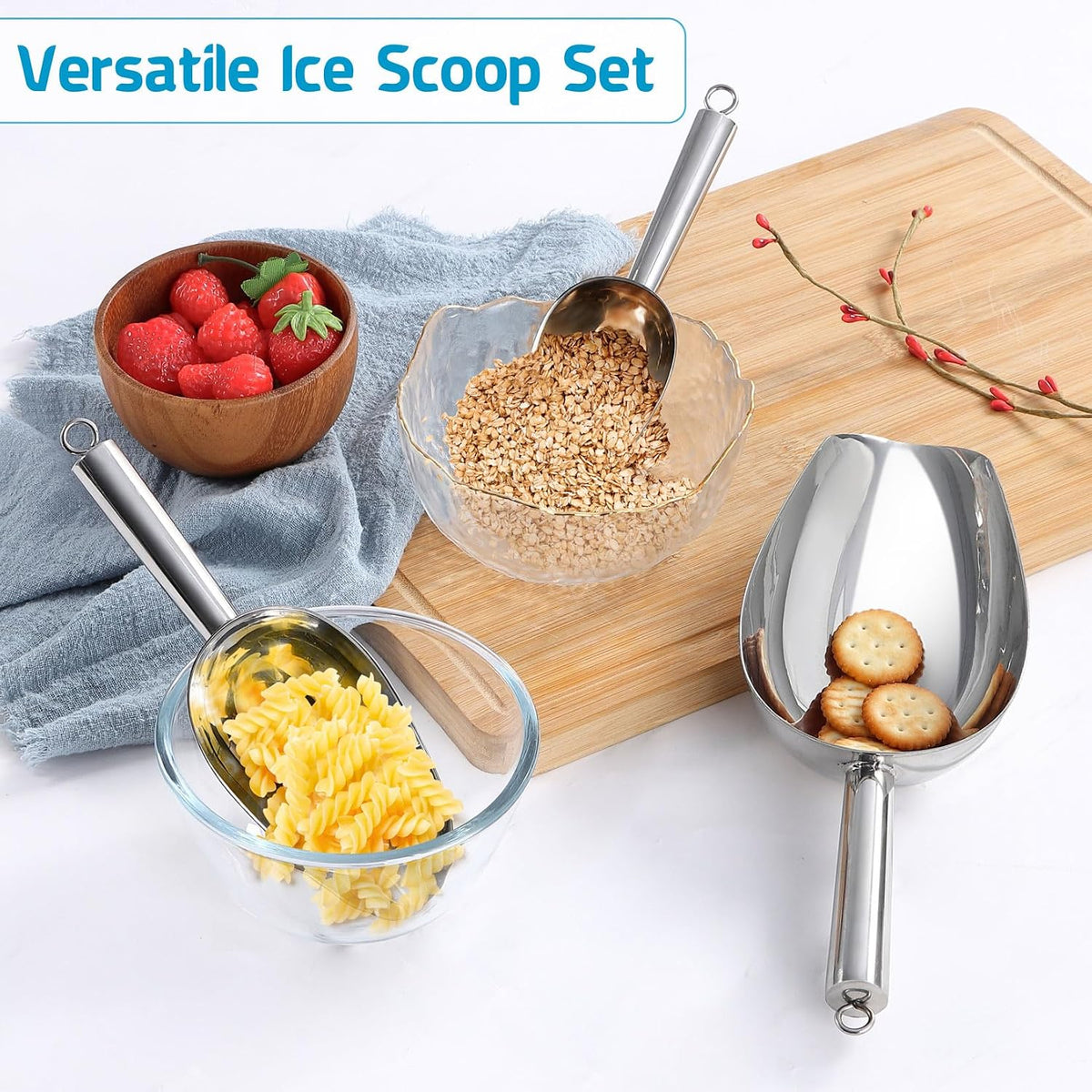 P&P CHEF Ice Scoop Set of 3, Stainless Steel Food Scoop,3+6+8 Oz & Silver