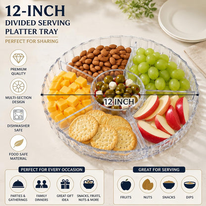 ZOOFOX Snack Serving Tray, 12" Appetizer Tray with Lid, 6 Compartments Round Plastic Food Storage Organizer for Dried Fruits, Nuts, Candies, Sweet Cookies and Fruits (Clear)