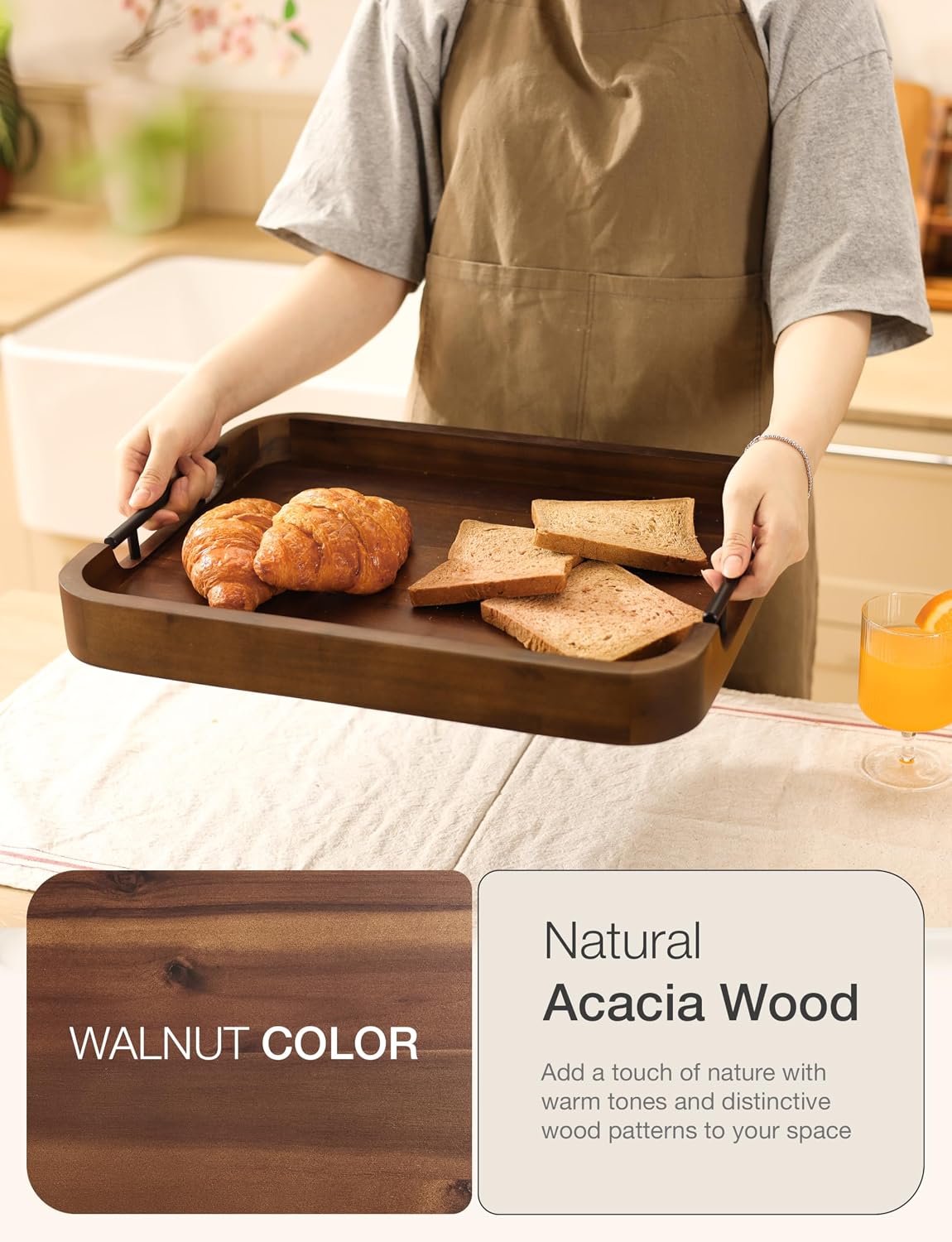 TIDITA 17"x13" Rectangular Wooden Serving Tray, Metal Handles, Walnut Color
