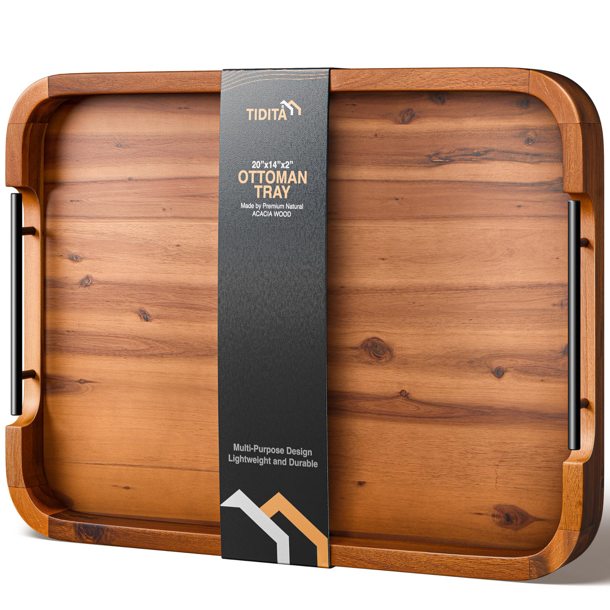 TIDITA 17"x13" Rectangular Wooden Serving Tray, Metal Handles, Walnut Color