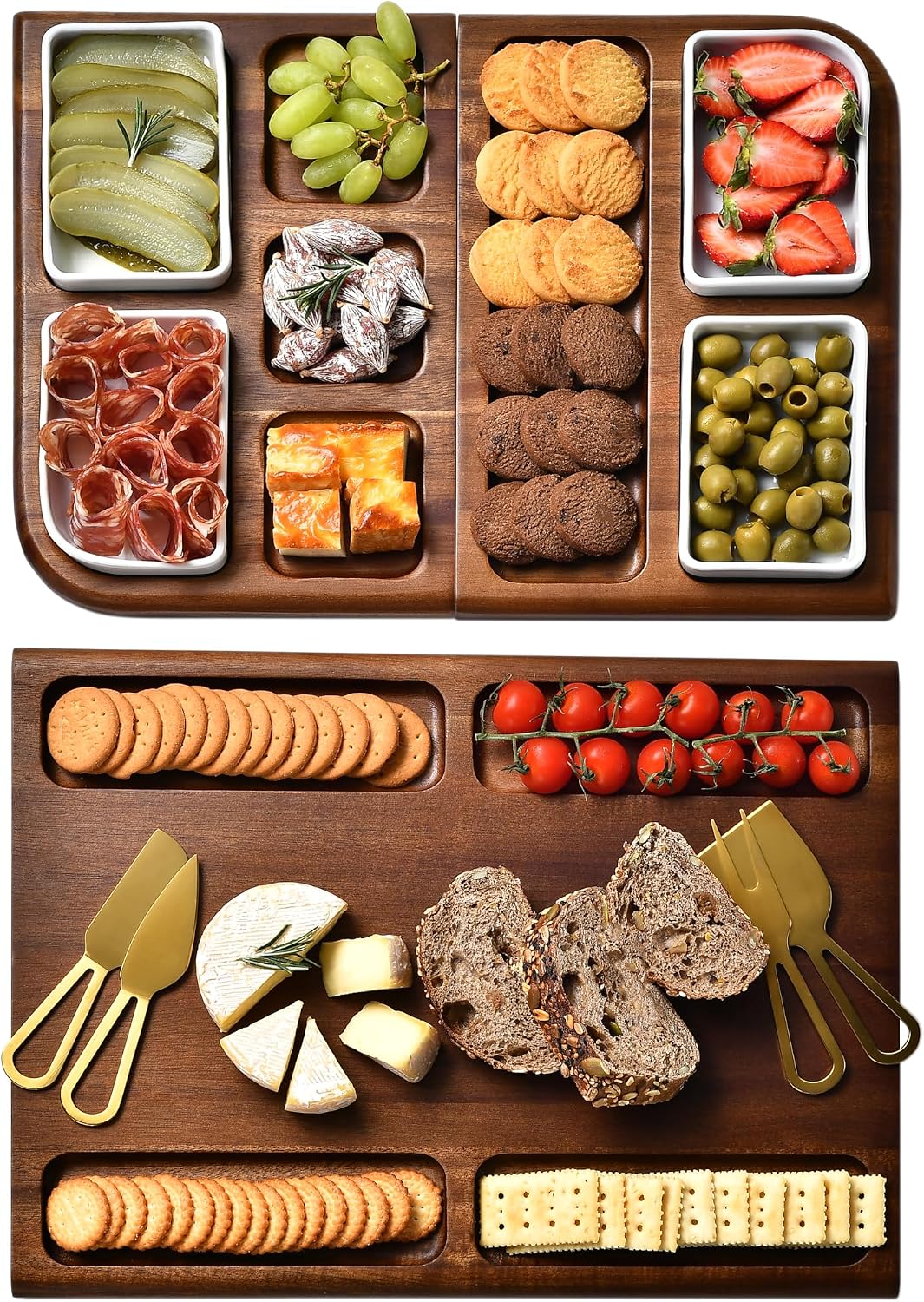 Shanik Large Acacia Wood Charcuterie Board Set with 3 Removable Ceramic Bowls & Serving Utensils - Housewarming, Wedding, Bridal Shower, Home and Kitchen, New Home Gift Ideas for Women, Gifts