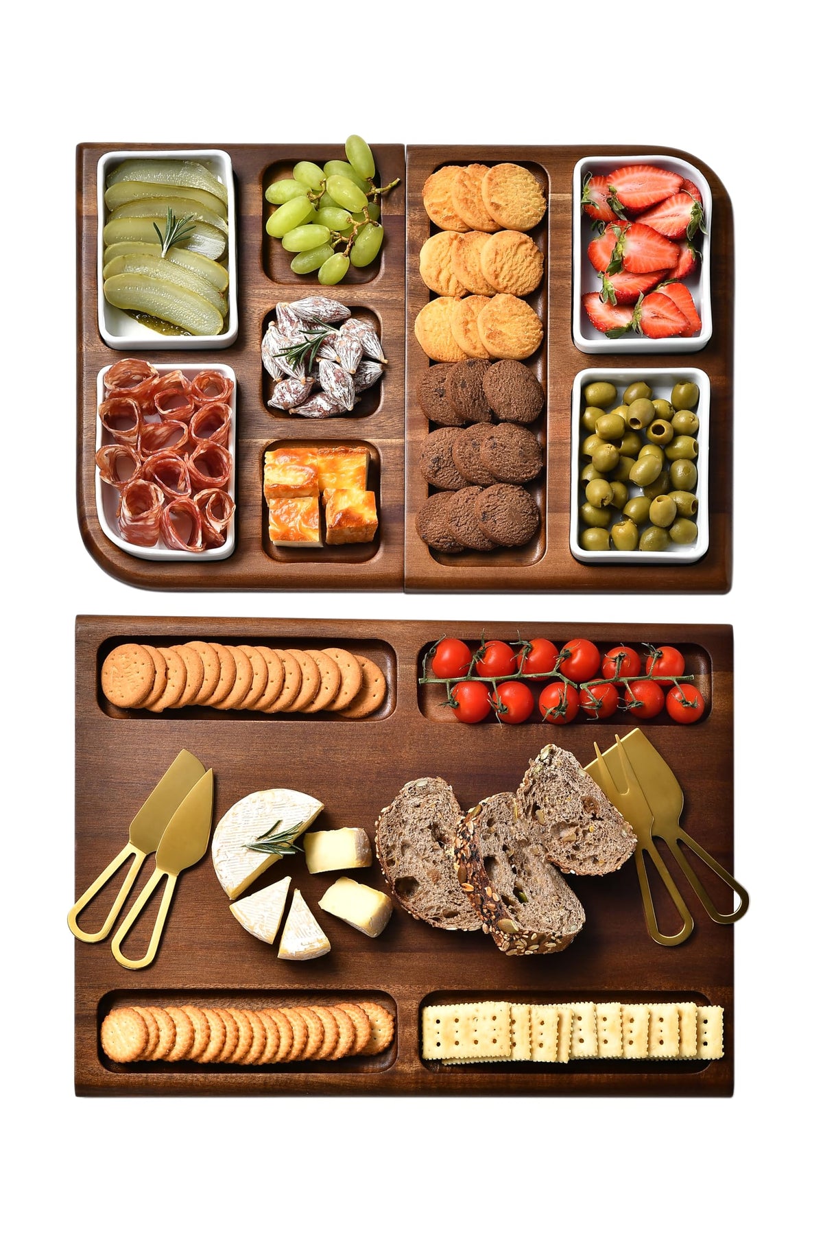 Shanik Large Acacia Wood Charcuterie Board Set with 3 Removable Ceramic Bowls & Serving Utensils - Housewarming, Wedding, Bridal Shower, Home and Kitchen, New Home Gift Ideas for Women, Gifts