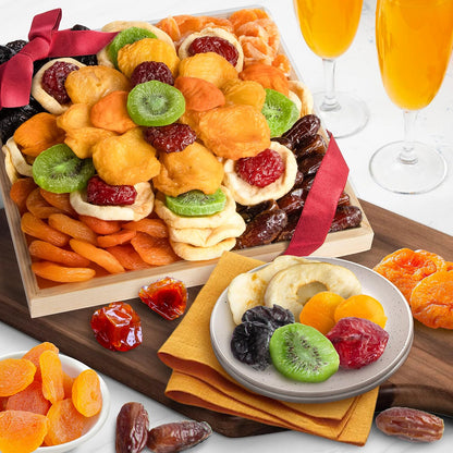 A Gift Inside Dried Fruit Gift Basket in Wooden Serving Tray – Gourmet Dried Apples, Apricots, Kiwi, Pears, Peaches, Dates, Prunes, Plums & Mandarin – Kosher Pareve OU Certified