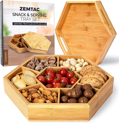 Snack and Serving Tray Set – 13" Divided Bamboo Appetizer Platter for Dry Fruit, Nuts, Cheese and Charcuterie (Bamboo, 13"x11")