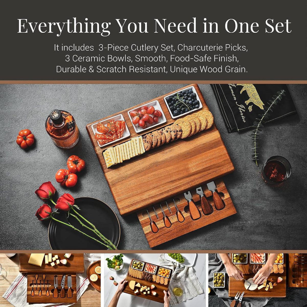 Shanik Large Acacia Wood Charcuterie Board Set with 3 Removable Ceramic Bowls & Serving Utensils - Housewarming, Wedding, Bridal Shower, Home and Kitchen, New Home Gift Ideas for Women, Gifts