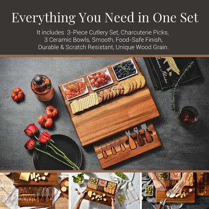 Shanik Large Acacia Wood Charcuterie Board Set with 3 Removable Ceramic Bowls & Serving Utensils - Housewarming, Wedding, Bridal Shower, Home and Kitchen, New Home Gift Ideas for Women, Gifts