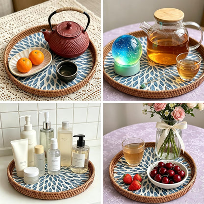 Mother of Pearl Tray Round Rattan Tray with Mother of Pearl Inlay Rattan Serving Tray with Wooden Base, Decorative Wicker Basket for Table Decor Bread Fruits Coffee, Leaf (Blue)