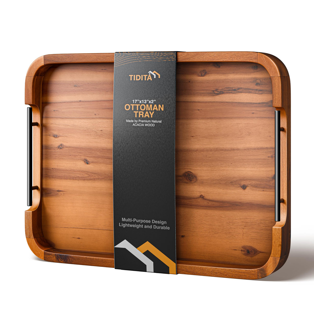 TIDITA 17"x13" Rectangular Wooden Serving Tray, Metal Handles, Walnut Color