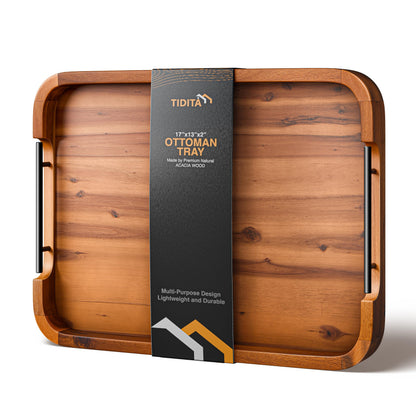 TIDITA 17"x13" Rectangular Wooden Serving Tray, Metal Handles, Walnut Color