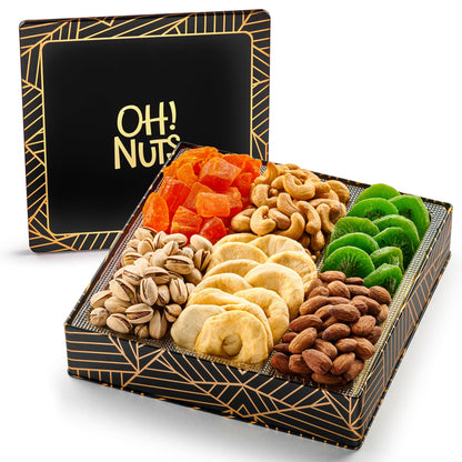 Oh! Nuts Dried Fruit Gift Basket 7 Variety Tin Box - Gourmet Arrangement Platter - Healthy Food Snack Box for Birthday, Anniversary, Corporate - Gift for Women & Men (Dried Fruits)