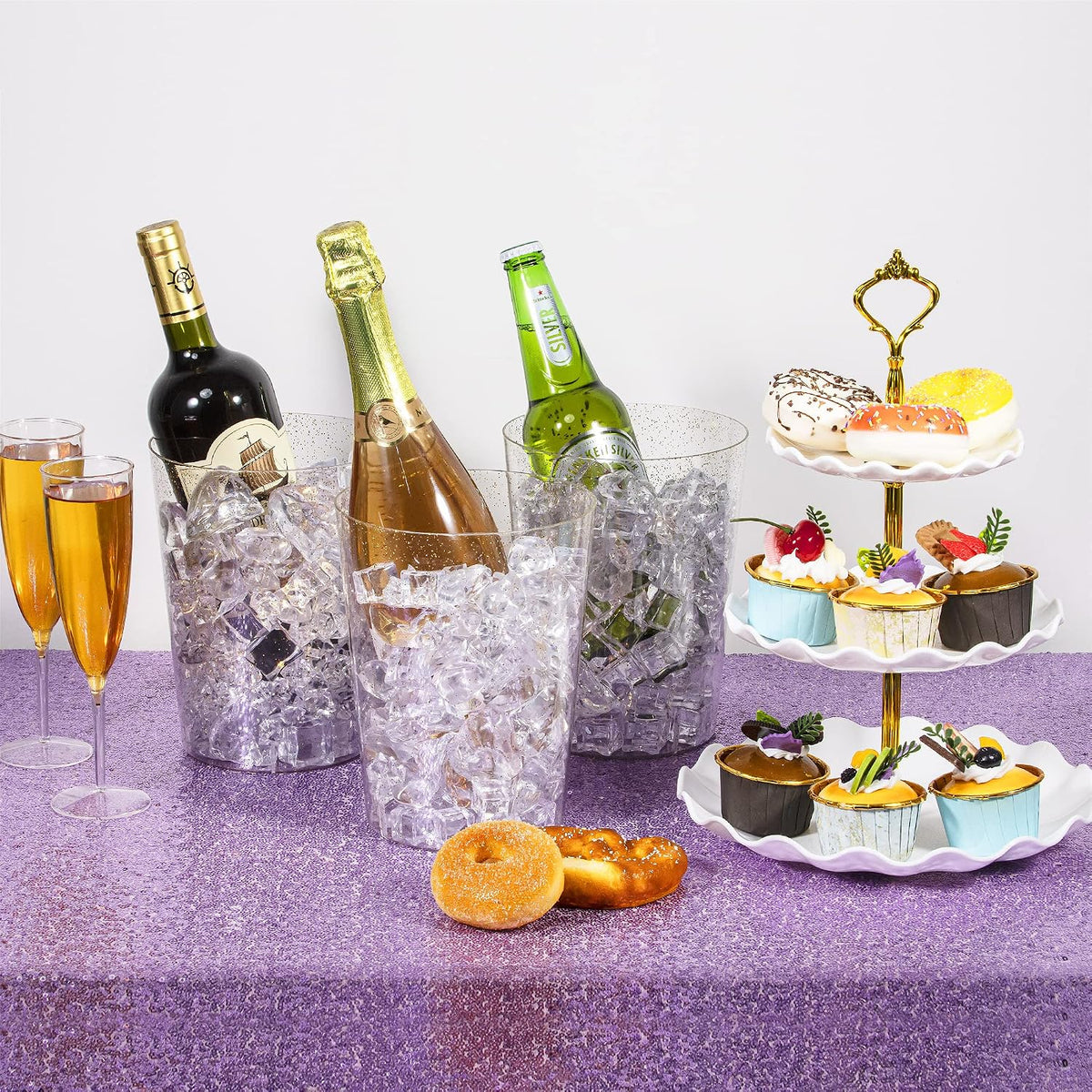 Tiawudi 12 Pack Plastic Ice Bucket For Parties, Gold Glitter Clear Wine Cooler for Wedding, Good as One Large Champagne Chiller Or Classic Wine Bottle Chiller