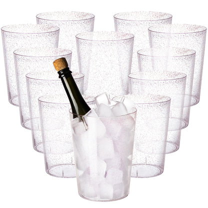 Tiawudi 12 Pack Plastic Ice Bucket For Parties, Gold Glitter Clear Wine Cooler for Wedding, Good as One Large Champagne Chiller Or Classic Wine Bottle Chiller